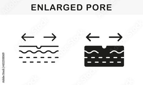 Skincare, Cleanse, Peeling Symbol Collection. Pore Opening Cosmetology Problem Pictogram. Skin Pore Enlarge, Beauty Procedure Line and Silhouette Black Icon Set. Isolated Vector Illustration