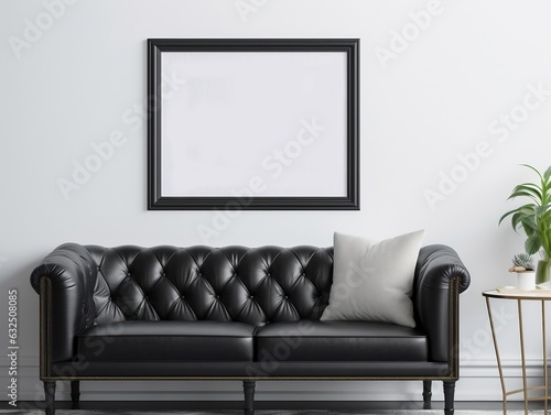 Picture frame mockup, set against a pristine white backdrop, with the inviting atmosphere of a homely living room generative ai