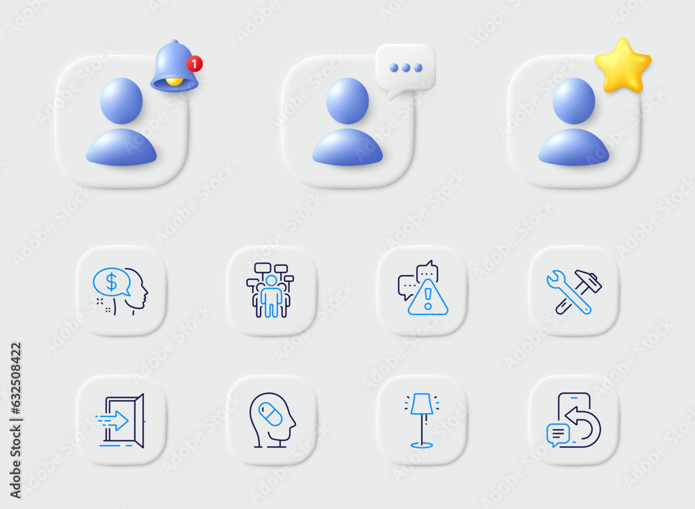Stand lamp, Pay and Phone message line icons. Placeholder with 3d star, reminder bell, chat. Pack of Warning, Spanner tool, Voting campaign icon. Depression treatment, Entrance pictogram. Vector Stand lamp, Pay and Phone message line icons. Placeholder with 3d star, reminder bell, chat. Pack of Warning, Spanner tool, Voting campaign icon. Depression treatment, Entrance pictogram. Vector