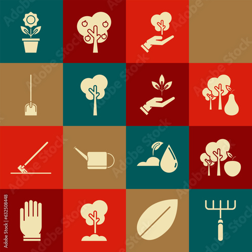 Set Garden rake, Tree with apple, pears, in hand of environmental protection, Shovel, Flower pot and Plant icon. Vector