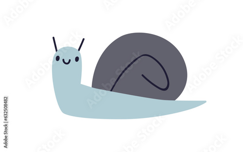 Cute snail, happy slow animal in Scandinavian style. Funny comic adorable slug with smiling kawaii face. Scandi nordic baby childish flat vector illustration isolated on white background