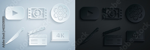 Set Movie clapper, Film reel, Knife, Laptop screen with 4k video technology, Play Video and icon. Vector
