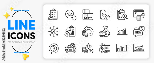 Car leasing, Report and Card line icons set for app include New, Cash back, Checklist outline thin icon. Finance, Wallet, Report diagram pictogram icon. Cashback, Loyalty star, Bitcoin system. Vector