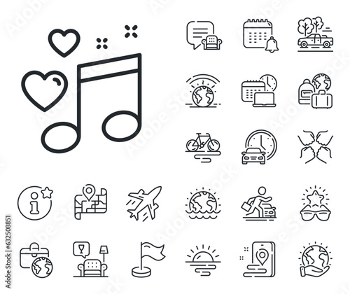 Romantic musical note sign. Plane jet, travel map and baggage claim outline icons. Love music line icon. Couple relationships symbol. Love music line sign. Car rental, taxi transport icon. Vector