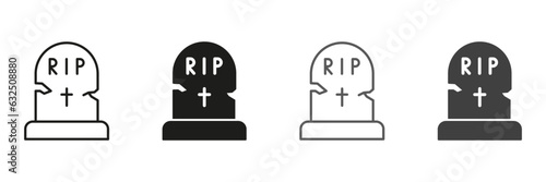 Tombstone on Grave Line and Silhouette Icon Set. Grave with RIP Text for Halloween Party Decorating Pictogram. Headstone, Rest in Peace Symbol Collection. Isolated Vector Illustration