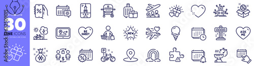 Travel calendar, Bike and Discounts app line icons pack. Attraction, Bicycle, Buying process web icon. Sale, Gps, Heart pictogram. Gas grill, Buyer, Crane claw machine. Love gift, Pin. Vector