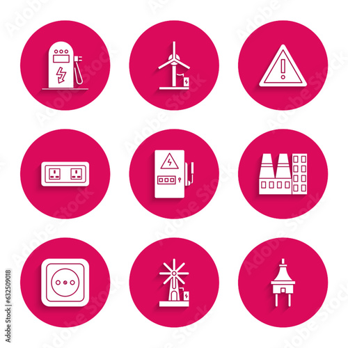 Set Electrical panel, Wind turbine, plug, Power station plant and factory, outlet, Exclamation mark triangle and car charging icon. Vector