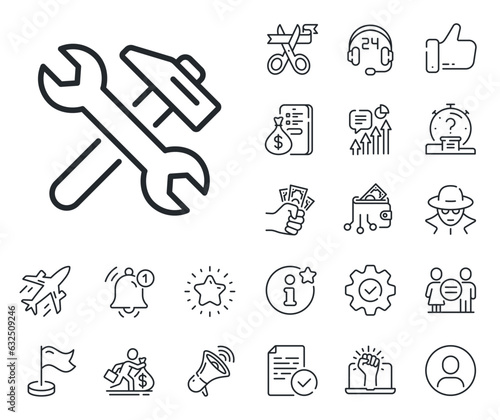 Fix service sign. Salaryman, gender equality and alert bell outline icons. Repair line icon. Wrench and hammer tool symbol. Repair line sign. Spy or profile placeholder icon. Vector