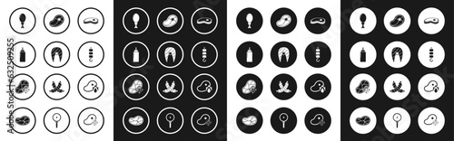Set Steak meat, Fish steak, Sauce bottle, Chicken leg, Grilled shish kebab on skewer stick, and fire flame and Fresh frozen icon. Vector