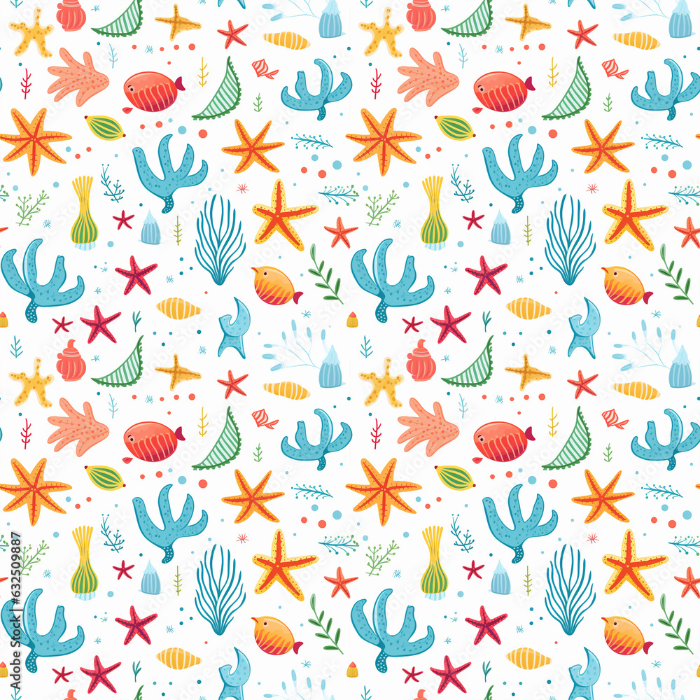 Seamless Pattern Seascape Drawing for Summer