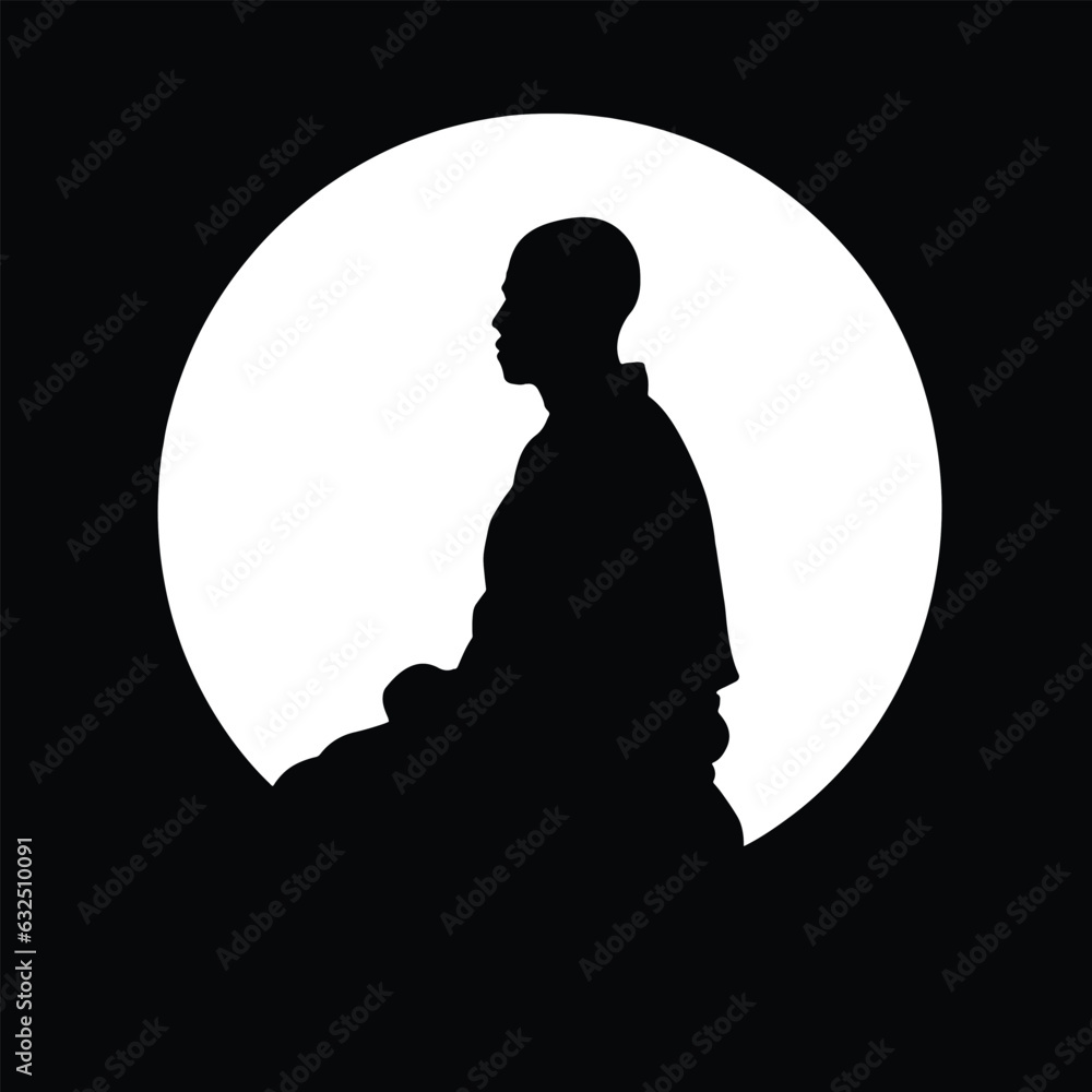 Silhouette of Thai monk sitting in meditation, sideway, vector illustration - obrazy, fototapety, plakaty 