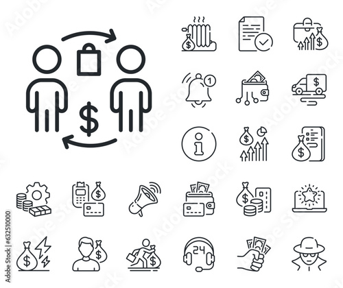 Shopping bag sign. Cash money, loan and mortgage outline icons. Buying process line icon. Supermarket purchases symbol. Buying process line sign. Credit card, crypto wallet icon. Vector