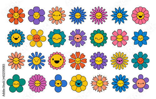 Groovy cartoon flower. Hippy daisy faces, retro smiling flowers character. Vintage 70s graphic elements, happy positive emotions plant. Vector set