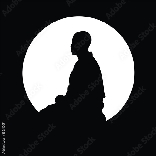 Silhouette of Thai monk sitting in meditation, sideway, vector illustration