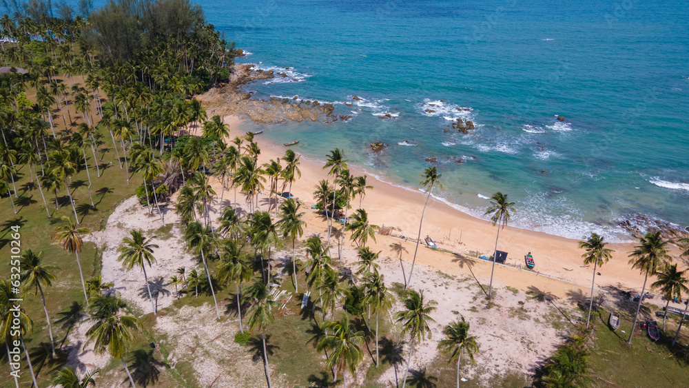 Aerial Drone View of Tropical Beach Paradise with Palm Trees