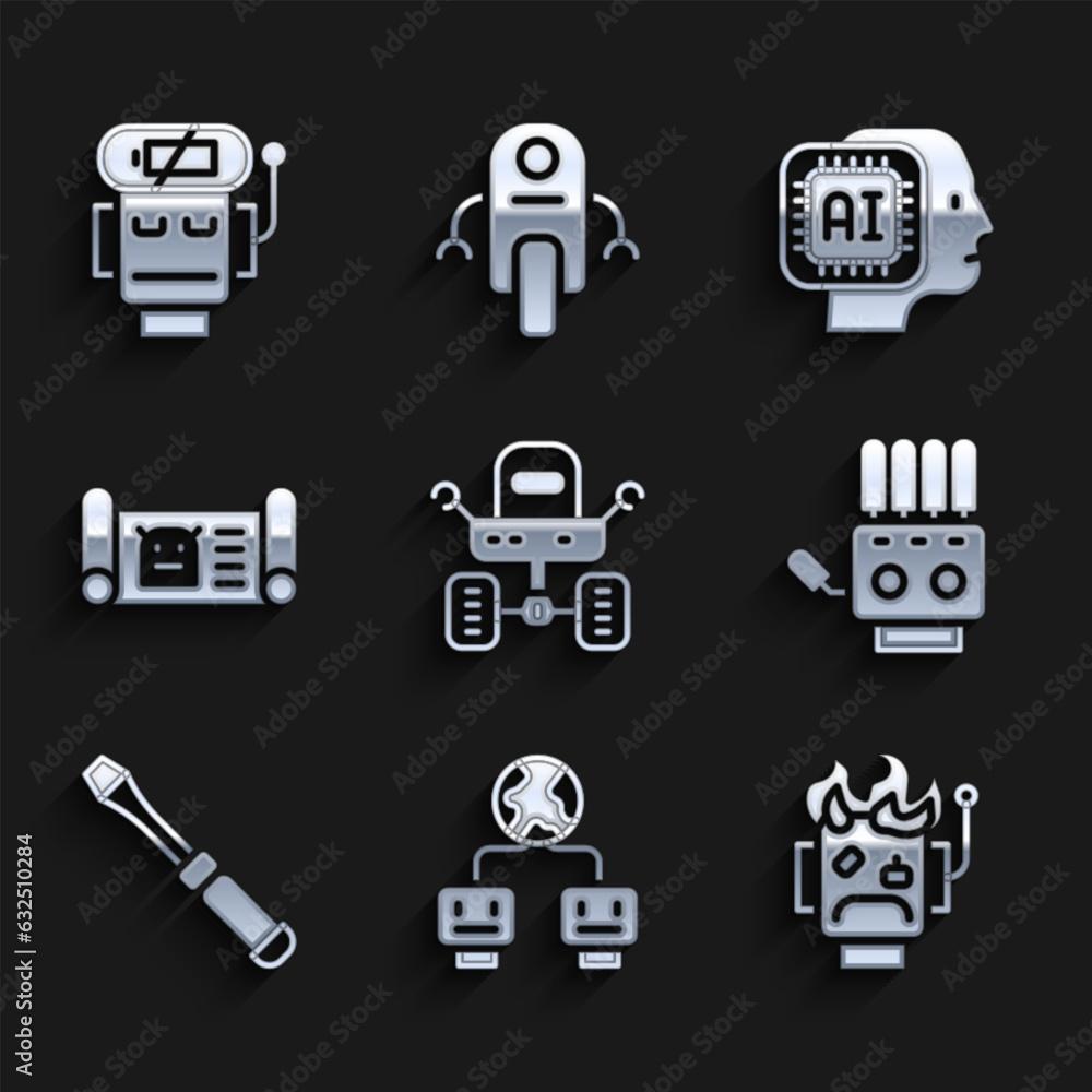 Set Mars rover, Artificial intelligence, Robot burned out, Mechanical robot hand, Screwdriver, blueprint, Humanoid and low battery charge icon. Vector Set Mars rover, Artificial intelligence, Robot burned out, Mechanical robot hand, Screwdriver, blueprint, Humanoid and low battery charge icon. Vector