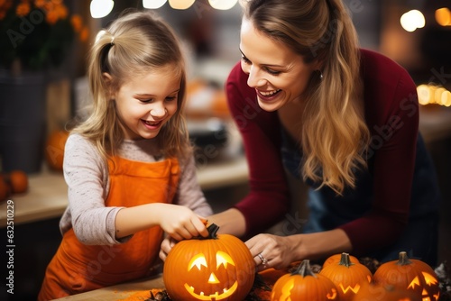 Stunning close-up photograph of a child and their mother carving pumpkins for Halloween, emphasizing the creative side of the season and the emotional connection between them. Generative AI