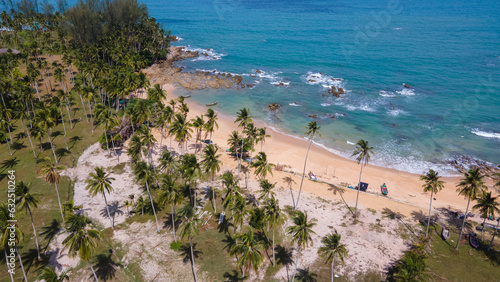 Aerial Drone View of Tropical Beach Paradise with Palm Trees © T i M e L a P s E