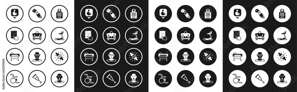 Set Intercom, Man without legs sitting wheelchair, Braille, Disabled, Treadmill machine, Prosthesis hand, Joint pain, knee pain and Stretcher icon. Vector