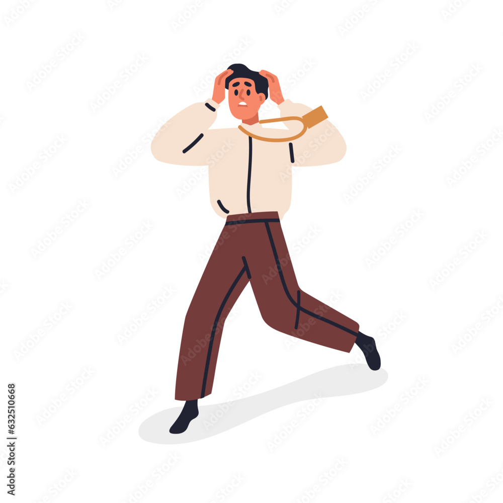 Anxious frightened employee running in panic, stress. Business problem, failure concept. Afraid office worker grabbing head in anxiety. Flat graphic vector illustration isolated on white background Anxious frightened employee running in panic, stress. Business problem, failure concept. Afraid office worker grabbing head in anxiety. Flat graphic vector illustration isolated on white background