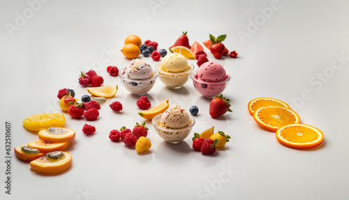 differente flavours of Ice cream scoop ball with fruits toppings 