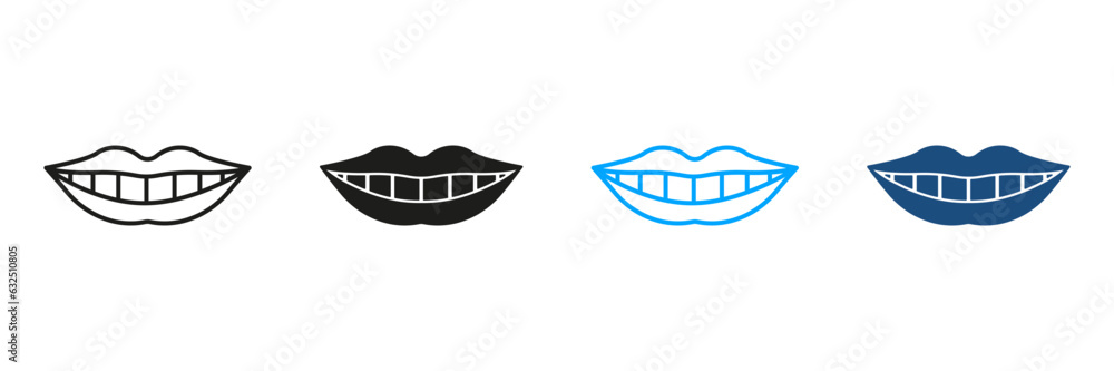 White Teeth and Beauty Lips Pictogram. Healthy Human Smile Silhouette and Line Icons Set. Oral Care, Mouth with Teeth, Dental Treatment Symbol Collection. Dentistry Sign. Isolated Vector Illustration White Teeth and Beauty Lips Pictogram. Healthy Human Smile Silhouette and Line Icons Set. Oral Care, Mouth with Teeth, Dental Treatment Symbol Collection. Dentistry Sign. Isolated Vector Illustration