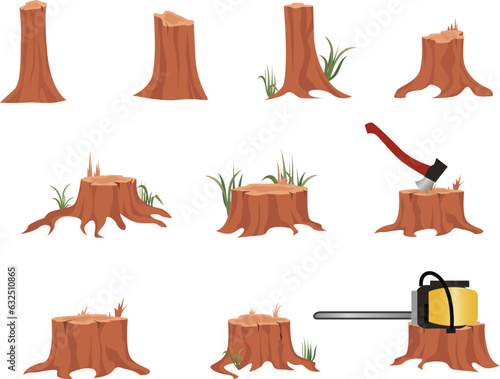 cut out tree, set of tree stumps vector illustration, isolated on white background, tree stump collection