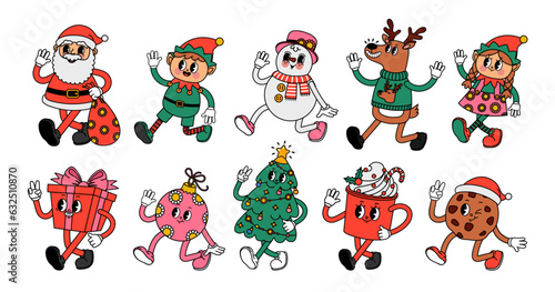 Christmas groovy character. Cartoon retro 30-s Xmas and New Year dynamic holiday characters. 70s vintage style Santa Claus with funny elves, cute snowman, deer vector set