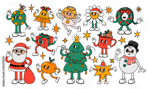Christmas retro element. Cartoon groovy 30s cute characters. Holiday symbols, new year stickers. Vintage Santa Claus and funny snowman, xmas angel, mascot tree and gift. Vector set