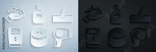 Set Gel or wax for hair styling, Human follicle, Electric razor blade, Hair dryer, Aftershave and Shaving foam on hand icon. Vector