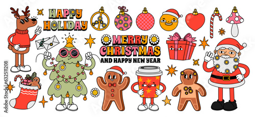 Groovy Christmas stickers. Comic vintage characters. Cartoon 40s retro Santa Claus, hippy xmas tree, holiday gingerbread, winter drink, abstract psychedelic elements, vector set
