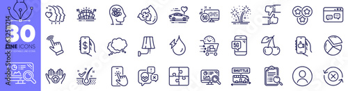 Money app, Cyber attack and Puzzle line icons pack. 5g internet, Reject refresh, Hydroelectricity web icon. 5g phone, Cherry, Shuttle bus pictogram. Fireworks, Search analysis, Wall lamp. Vector