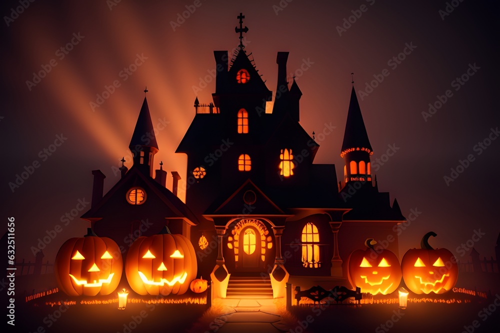 Haunted mansion horror scene with carved Jack-o'-lantern Halloween pumpkins. Haunted mansion horror scene with carved Jack-o'-lantern Halloween pumpkins.