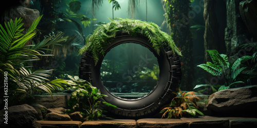 Tire shaped podium on jungle background. Generative AI