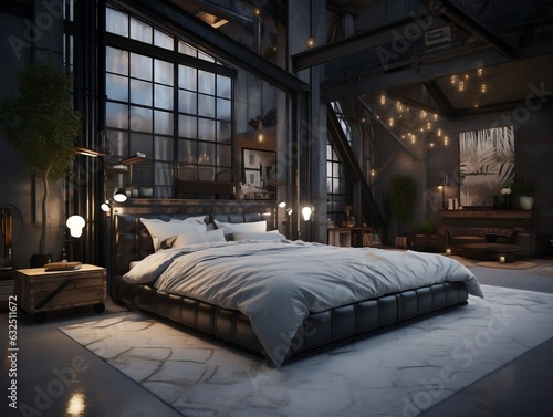 Interior of luxury bedroom inside a luxury industrial home generative ai © tanjidvect