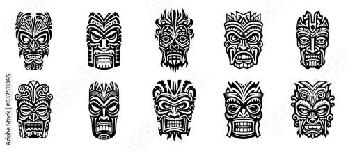 Tiki masks. Hawaiian totem god, tribal polynesian idol. Aztec or african outline black ethnic scary face mask. Isolated silhouette tattoo vector set