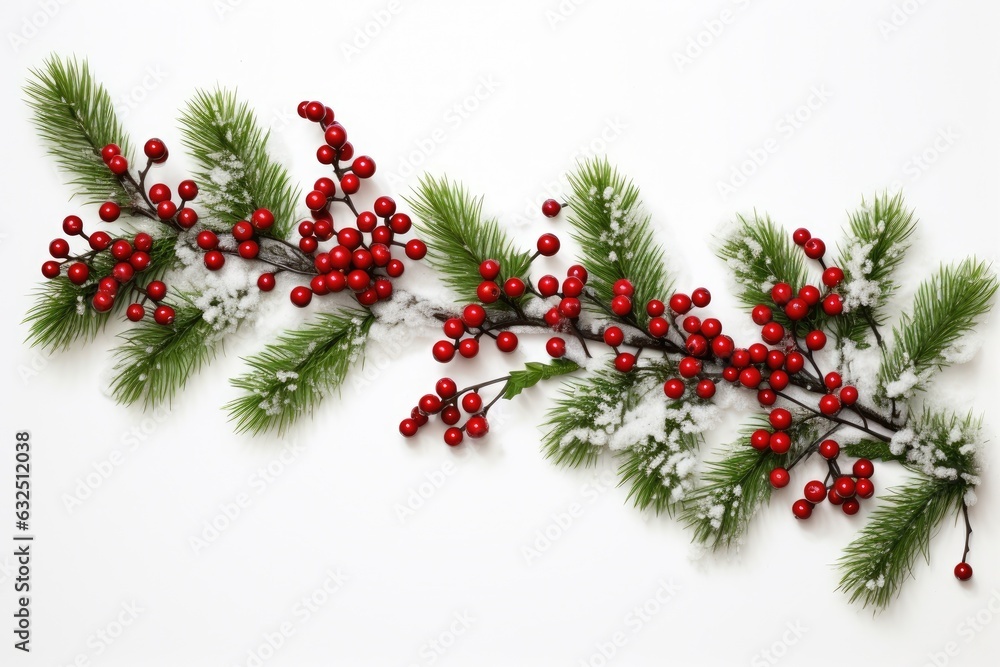 Red berries and pine tree branches. Christmas card. Space for text. Generative AI Red berries and pine tree branches. Christmas card. Space for text. Generative AI