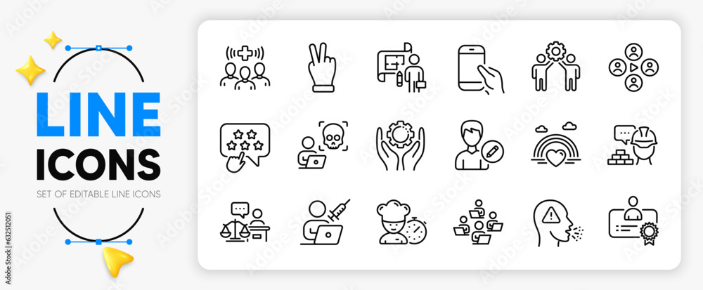 Victory hand, Lgbt and Certificate line icons set for app include Edit person, Build, Vaccination appointment outline thin icon. Video conference, Plan, Court judge pictogram icon. Vector