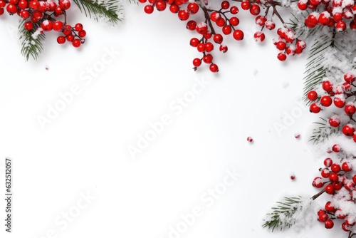 Red berries and pine tree branches. Christmas card. Space for text. Generative AI