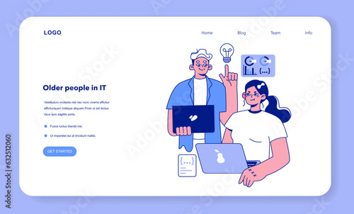 Senior developer web banner or landing page. Oldman helping a young