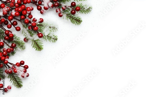 Red berries and pine tree branches. Christmas card. Space for text. Generative AI