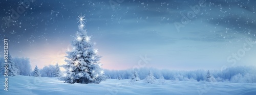 Beautiful Christmas card with a fir tree and snow with space for text. Generative AI © Gelpi