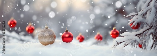 Christmas ball hanging on a snowed branch outside. Seasonal decoration. Generative AI