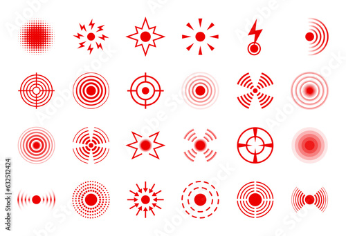 Pain circle. Red body hurt points, headache, muscle and joint pain spot symbols. Ache target icon for painkiller ads. Isolated vector set