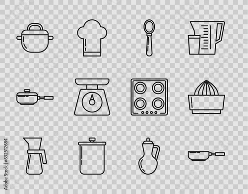 Set line Measuring cup, Frying pan, Spoon, Cooking pot, Scales, Bottle of olive oil and Citrus fruit juicer icon. Vector