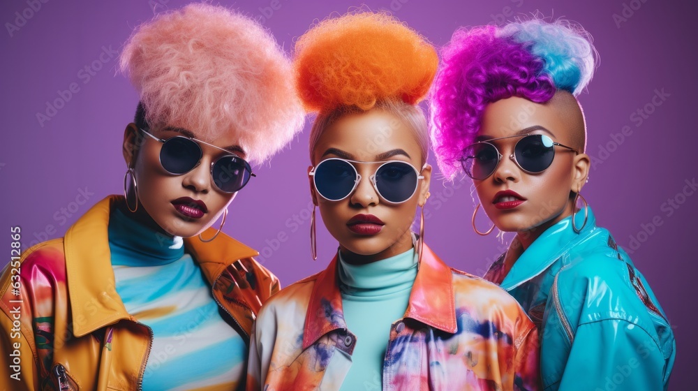 group of portrait female fashion cloth stylish costume colour hair style studio photo shoot on clour background smiling confident cheerful face expression friend group together,ai generate