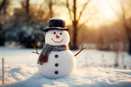 Cute Snowman with a classic look with a carrot nose, coal buttons, scarf and black top hat. Smiling on a sunny winters day. Shallow field of view. © henjon