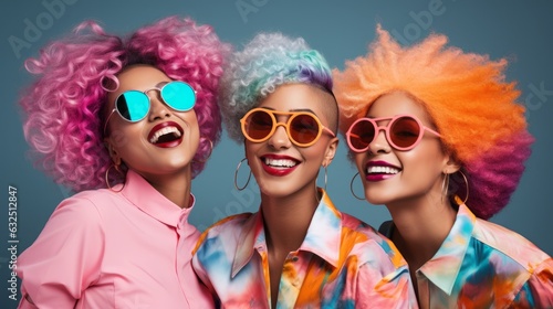 group of portrait female fashion cloth stylish costume colour hair style studio photo shoot on clour background smiling confident cheerful face expression friend group together,ai generate