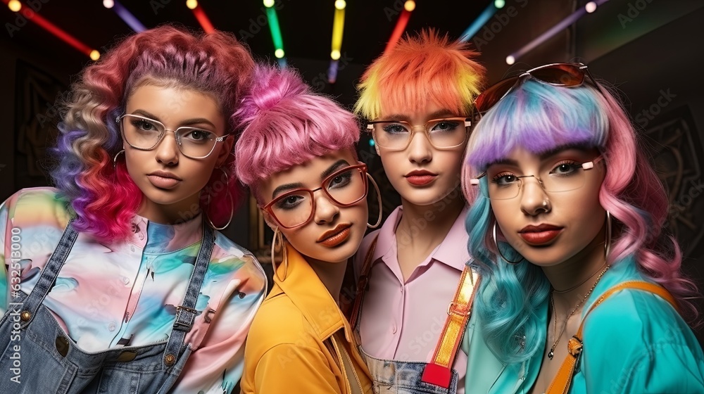 Fototapeta premium group of portrait female fashion cloth stylish costume colour hair style studio photo shoot on clour background smiling confident cheerful face expression friend group together,ai generate