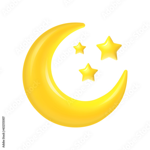 3d crescent. Moon and stars Ramadan concept, abstract islamic decoration element. Yellow half moon with star arabic muslim symbol isolated vector illustration